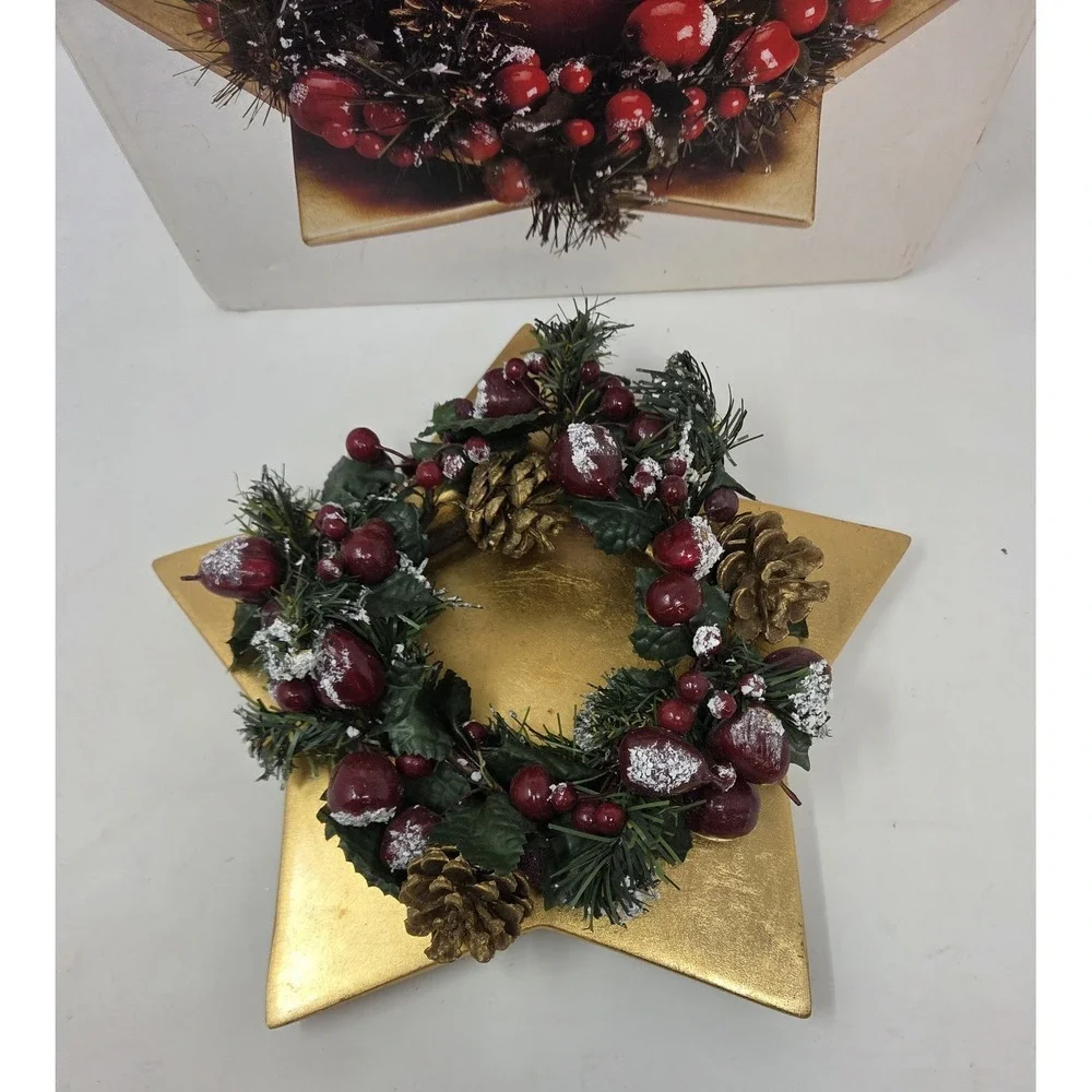 Elements Gold Star Tray Berry Pinecone Wreath Candle Ring Centerpiece No Candle